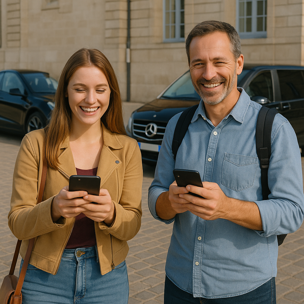 Couple souriant réservant un VTC à nice sur l’application CONTACT VTC AB devant une berline noire haut de gamme