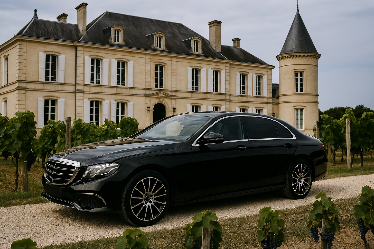 VTC chĂąteau Nice : Berline noire de luxe devant un chĂąteau viticole prestigieux Ă Bordeaux pour wine tour haut de gamme