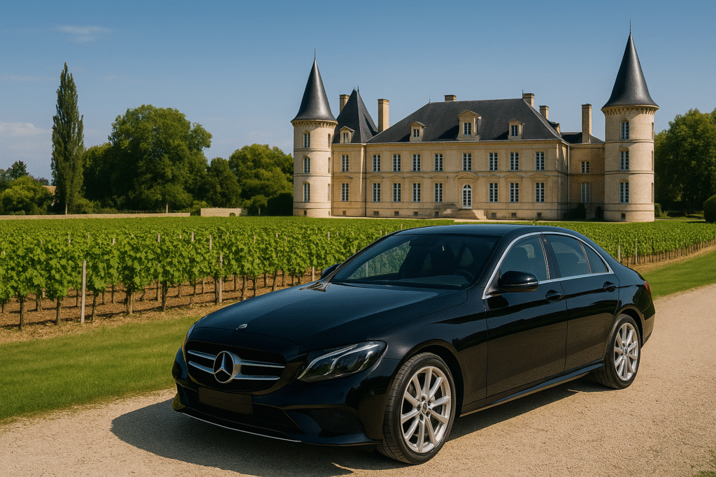 Berline noire haut de gamme devant un domaine viticole de Provence, entourée de vignes et d’un cadre prestigieux au cœur de la Côte d’Azur.