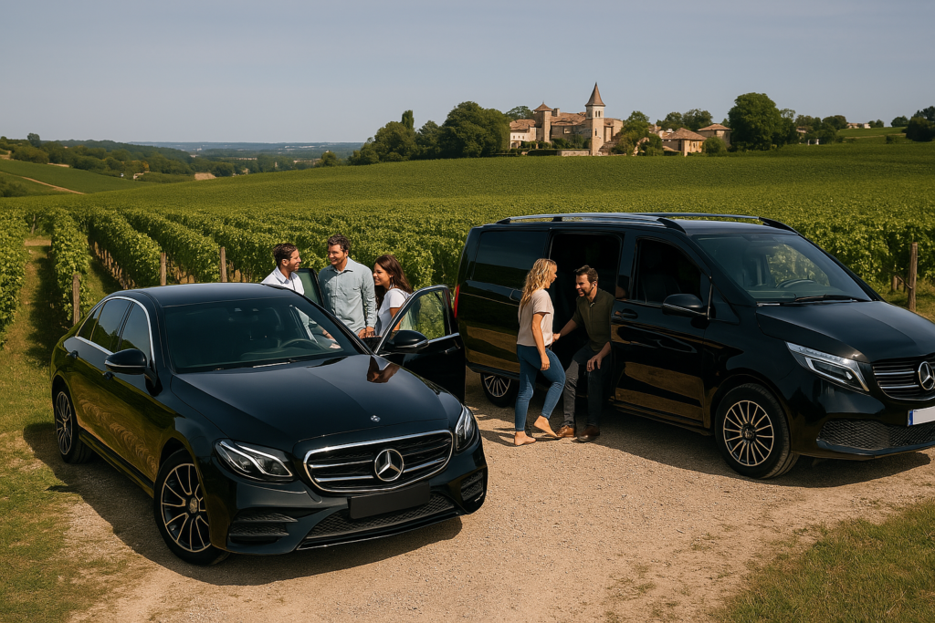 Chauffeur VTC accueillant des clients dans les vignobles de Nice, avec une berline noire et un van haut de gamme pour un wine tour