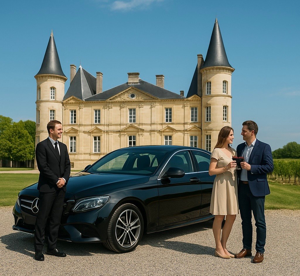 Chauffeur privĂ© VTC Ă Nice en berline noire lors dâun wine tour dans un chĂąteau viticole