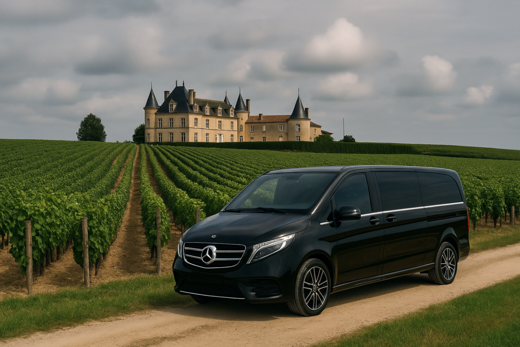 Van noir VTC stationnĂ© prĂšs dâun chĂąteau dans un vignoble de Nice, parfait pour un wine tour privĂ©