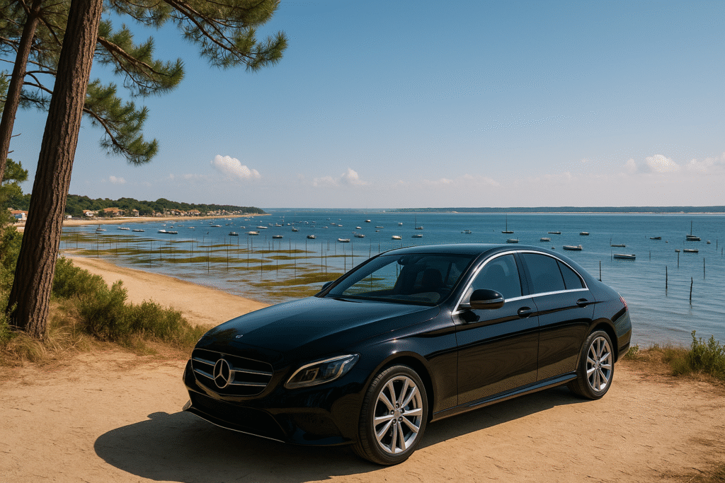 VTC haut de gamme en berline noire stationné face à la Baie des Anges, près du Cap-Ferrat, dans un cadre naturel entre pinède et bord de mer.