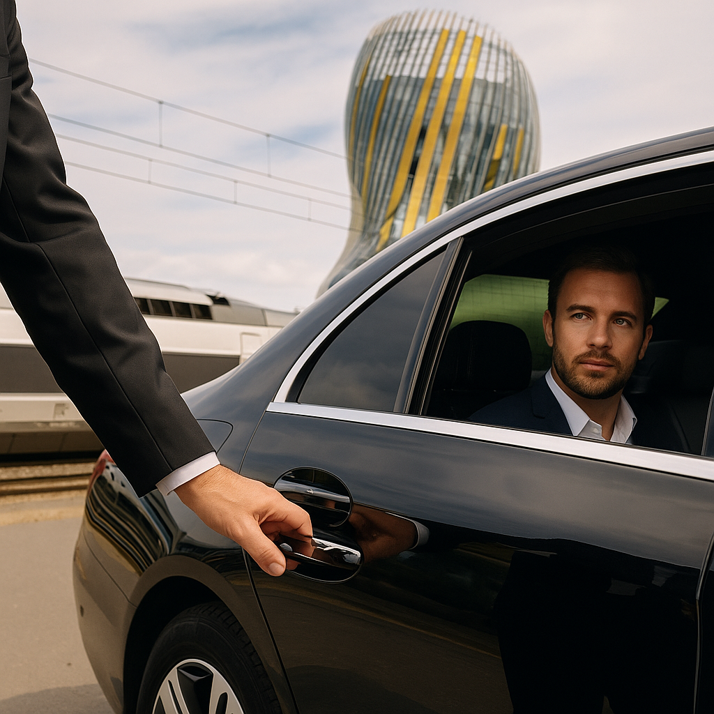 Chauffeur VTC ouvrant la porte à un client dans un vignoble Nice, service de wine tour personnalisé.