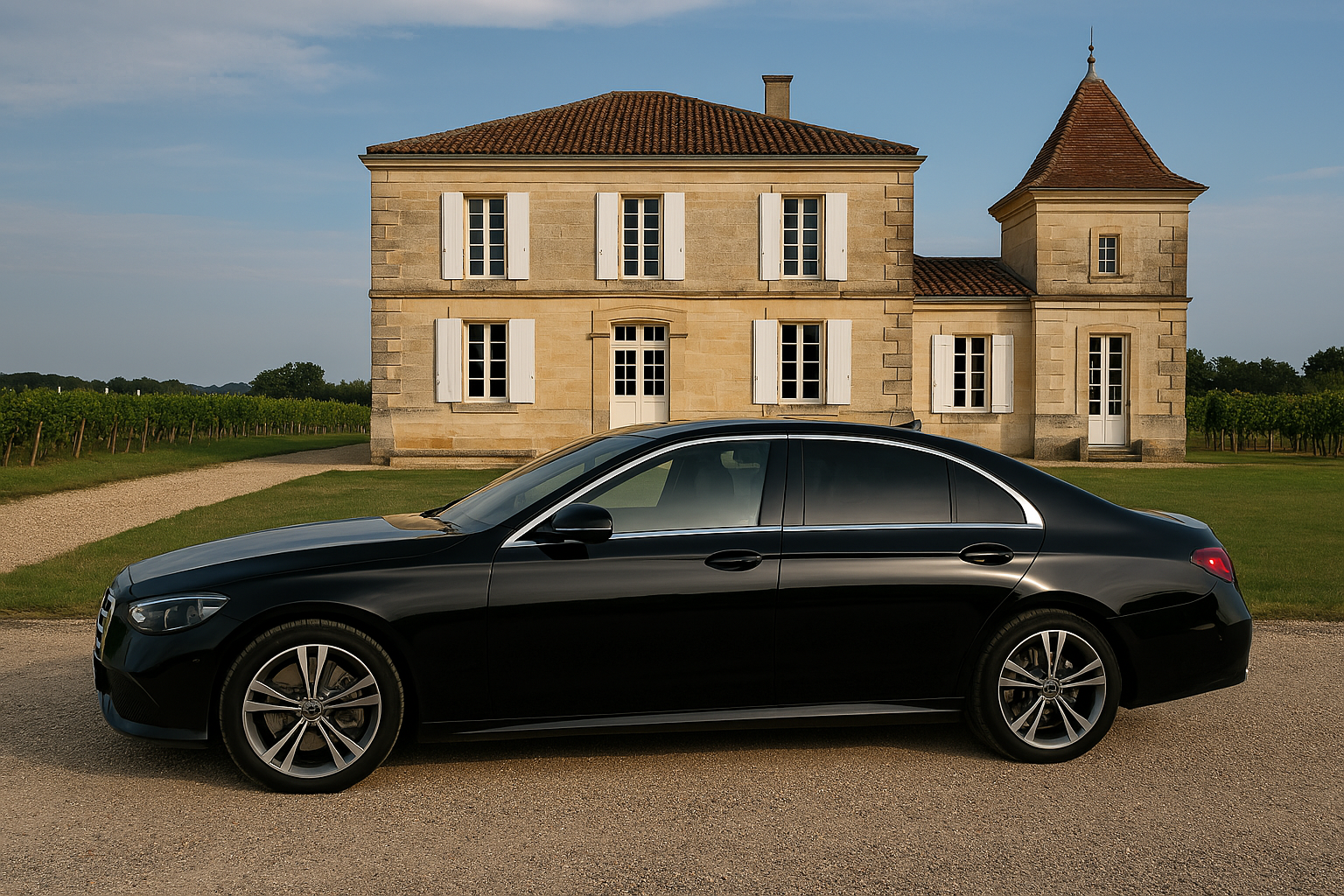 VTC chĂąteau Nice - Berline noire devant un chĂąteau viticole en pleine campagne