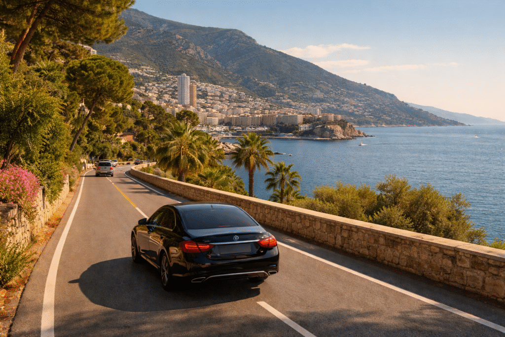 Véhicule VTC noir roulant de Nice vers Monaco sur la route côtière de la Côte d’Azur.
